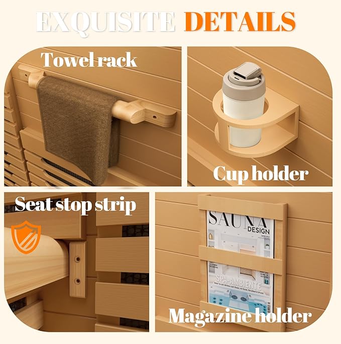 Far Infrared Wooden Sauna Low EMF- 2 Person Personal Sauna for Home Use, Full Spectrum Infrared Sauna, Dual Tempered Glass & Bluetooth Speakers - Indoor Sauna 2000W, Brown