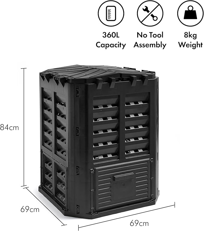 VonHaus Compost Bin for Garden 360L – Composter with Slatted Design for Aeration, Rainwater Collection, Side Flap & Lid – Outdoor Compost Converter – Frost & UV Resistant - Black