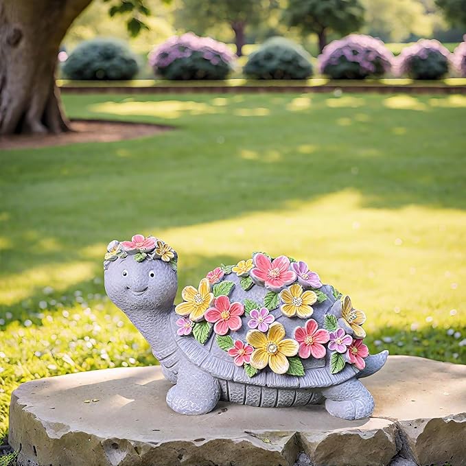 Solar Turtle Statues Garden Decor - Cute Turtle Figurine with Flowers Solar Lights, Tortoise Statue for Outdoor Yard, Lawn, Patio Decoration - Birthday Gifts for Mom Grandma Women