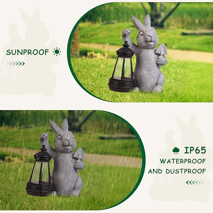 Rabbit Statue Garden Ornaments Art Outdoor Decoration with Solar Powered LED Lights Decor for Patio,Balcony,Yard, Mum Birthday Gifts, Garden Gifts for Women