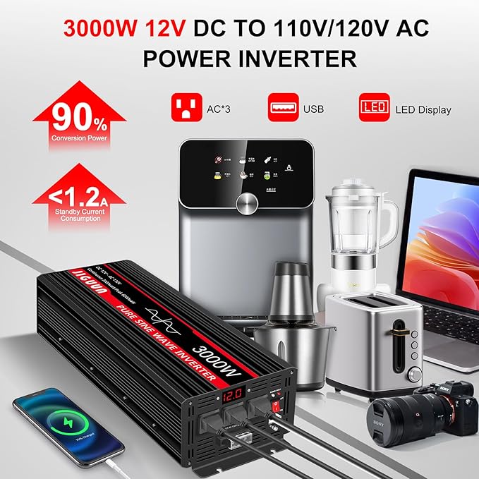 JIGUUN Pure sine Wave Inverter 3000W, 12V to 110V Power Inverter Converter with 4 AC sockets, USB Output and LED Display for RV Camping Emergency Household appliances (3000WPRO)
