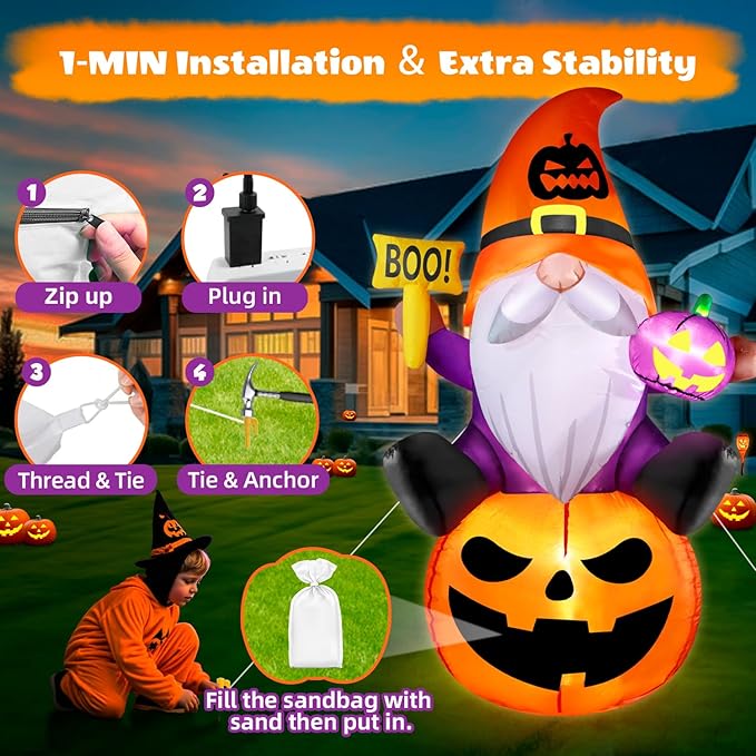 5FT Halloween Inflatables Gnome with Pumpkin Halloween Decoration Outdoor Built-in Brilliant LED Lights, Blow Up Yard Decorations Outdoor Indoor Garden Party Lawn