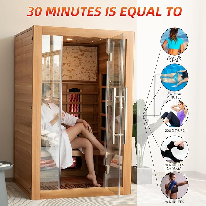 Infrared Sauna Room with WiFi Control, 2 Person Canadian Cedar Wood Indoor Saunas Spa with Red Light Therapy, Oxygen Bar, Speaker, Backrest, 1800W/220V, Ideal Sauna for Gym, Home