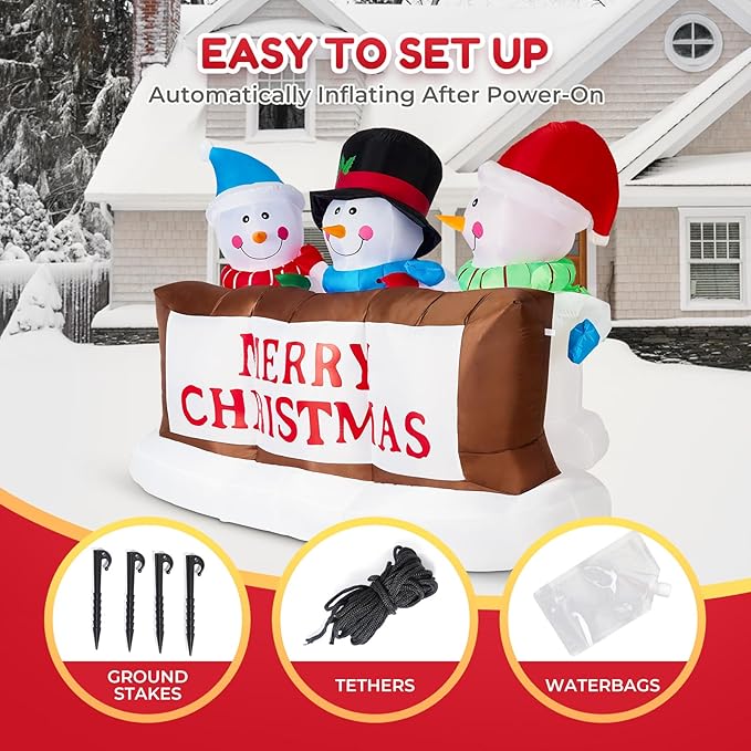 7FT Christmas Inflatable Snowman Yard Decoration With LED Lights - Merry Christmas Sign Trio, Outdoor Xmas Blow Up Decor for Holiday