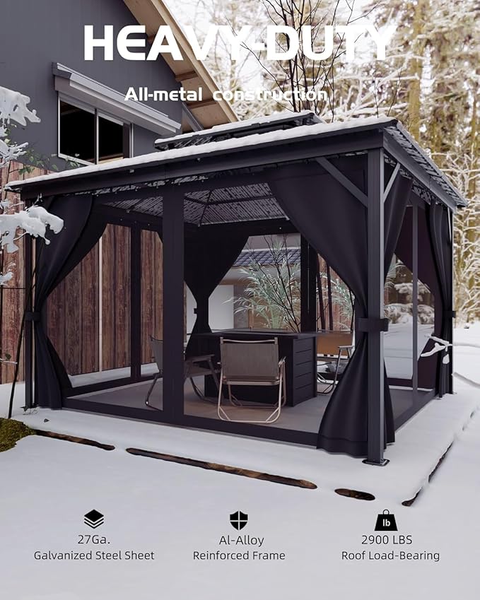 GAOMON Hardtop Gazebo 10'x14' for All Weather, with Double Metal Roof, Aluminum Alloy Frame, Net, and Curtain, Permanent Building of Backyard Luxury for Patio, Deck, Backyard, Lawn, and Garden, Gray