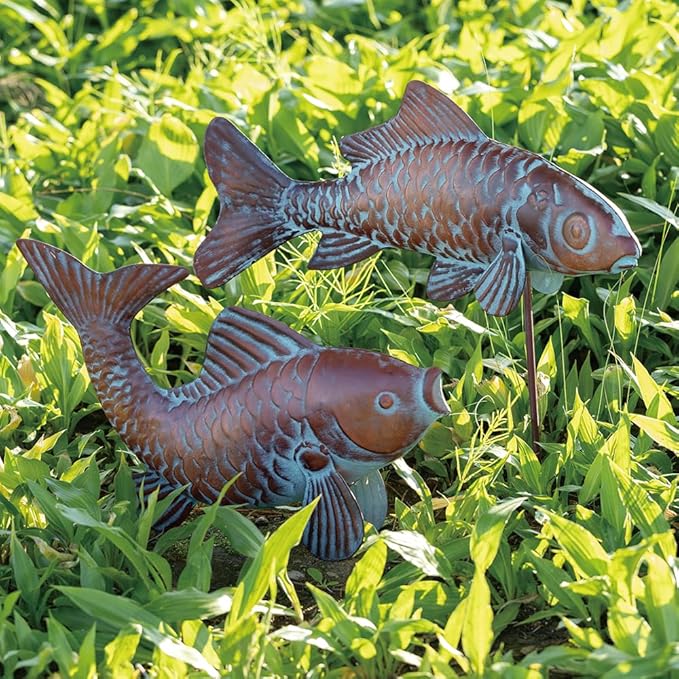 Set of 2 Koi Fish Decor Outdoor Statue Sculpture Garden Pond Fishes Yard Art Antique Copper Koi Sculptures & Statues Large Metal Koi Fish Figurine Ornaments Décor Gifts for Women Mom Grandma