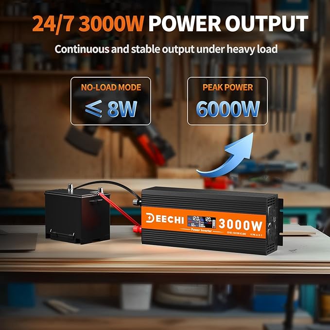 3000 Watt Power Inverter Car/Home 12V DC to 110V/120V AC Converter with 2 AC Outlets, USB & Type-C Port Car Inverter Peak Power 6000W for RV,Truck,Off-Grid Solar System with Remote Controller-Orange