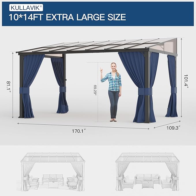 Kullavik 10' × 14' Hardtop Gazebo for Patio,Wall-Mounted Lean to Gazebo Pergola with Sloping Roof and Durable Aluminum Frame,Large Heavy Duty Awnings for Decks,Backyard,NavyBlue