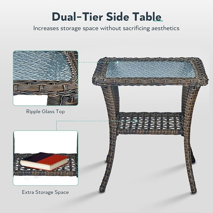 7 Piece Patio Furniture Set with Fire Pit Table - Wicker Patio Conversation Set with Swivel Glider, 3 Seat Sofa, Side Table and 2 Ottomans for Deck Backyard - Brown Wicker Beige Cushion