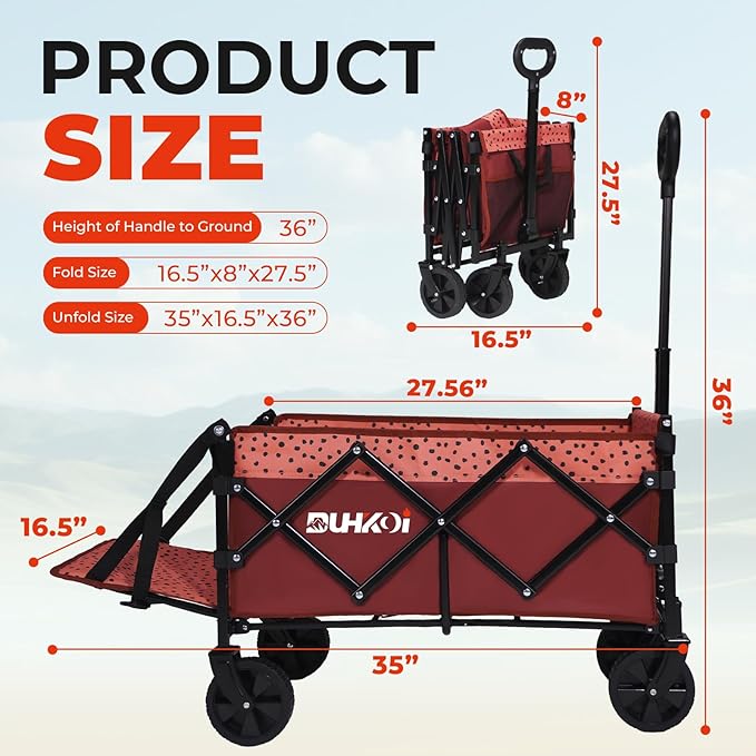 Collapsible Tailgate Wagon with Wheels, Compact Size Folding Utility Cart, 380LBS Capacity for Garden, Grocery, Beach, Camping – Portable Heavy Duty Cart(Brick Dot)