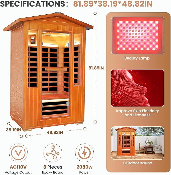 Outdoor Sauna 2 Person Far Infrared Sauna with LED Beauty Lamp Dry Spa Room Low-EMF 2080W 110V Bluetooth Speakers 48.8"x38.2"x81.9"