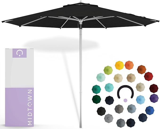 Midtown Umbrellas Push Pop Sunbrella Umbrella 10 Feet Large Outdoor Umbrella With Spectrum Carbon Acrylic Fabric - Deck Patio Umbrella, Backyard Umbrella, Garden Umbrella & Pool Umbrella - Black Pole