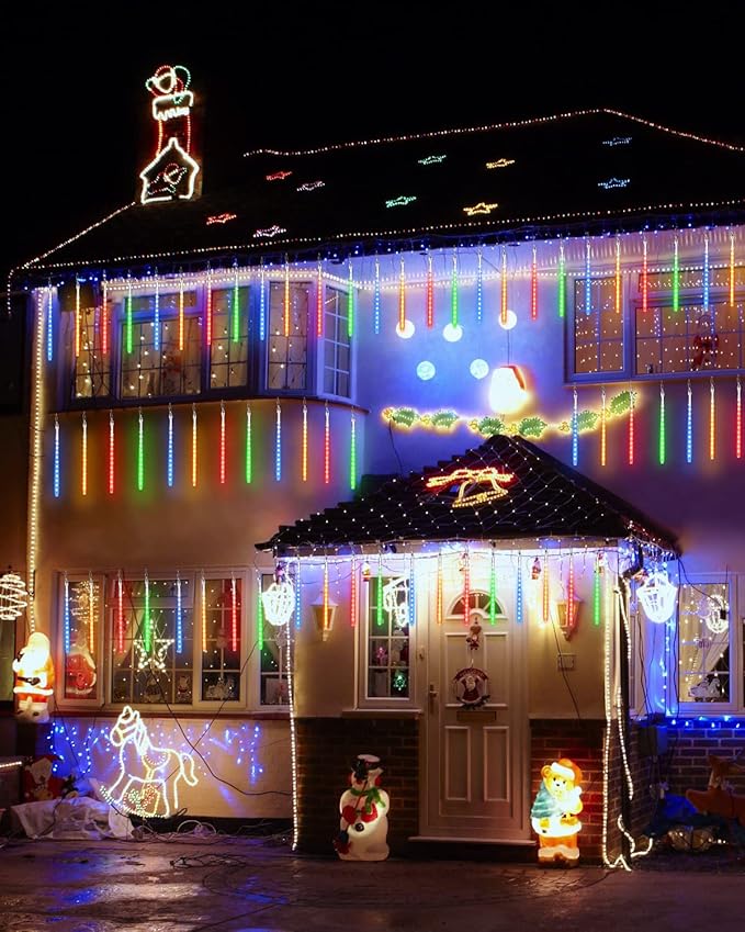 Flacchi Solar Meteor Shower Icicle Lights - 20 Tubes 480 LED Cascading Raindrop Lights, Outdoor Waterproof Christmas Decorations for Holiday Party(4 in 1 Multi-Colored, Solar 20 Tubes)