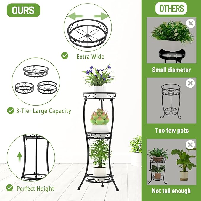 iDavosic.ly 3 Tier Tall Metal Plant Stand Indoor Outdoor, Wrought Iron Corner Flower Pot Holder Shelf, 34 Inch Vertical Display Rack for Patio Porch Living Room Garden, Black