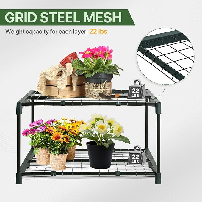 EAGLE PEAK Greenhouse Shelving Staging Double 2 Tier, Outdoor/Indoor Plant Shelves, 27"x19"x16", Green