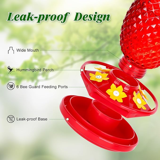 Glass Hummingbird Feeders for Outdoors Hanging Ant and Bee Proof Red 16OZ 1 Pack Pineapple Hummingbird Feeder with Leak Proof for Outside & 6 Feeding Ports Gifts for Women Garden Decor