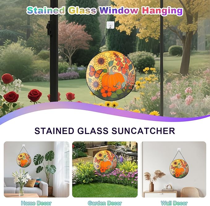 Pumpkin Suncatcher for Window Hanging - Stained Glass Window Hanging, Pumpkin Decor for Garden,Wall, Balcony, Fall Gift for Halloween(12 Inch)