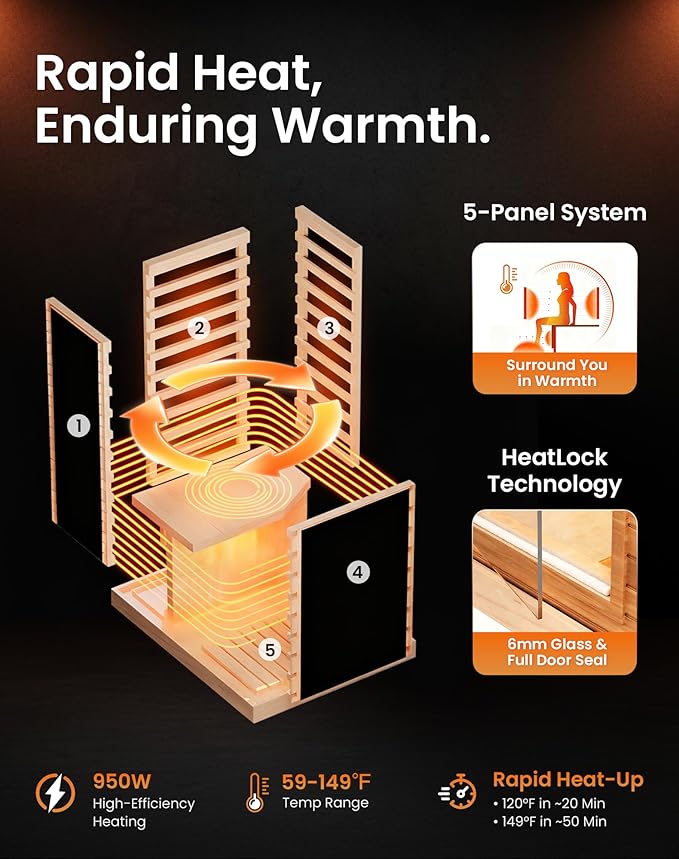 PAETA Infrared Sauna for Home | 1-Person Dry Sauna with 5 Carbon Heaters | Fast & Even Heating Low EMF Sauna | Bluetooth & Chromotherapy| Canadian Hemlock(Wooden)