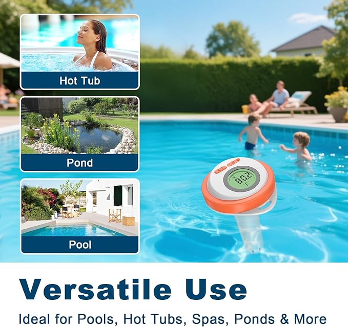 Waterproof Rechargeable Digital Floating Pool Thermometer for Swimming Pool/Fish Tank/Bathtub/Hot Tub/Jacuzzi/Aquarium, LCD Screen Easy to Reading