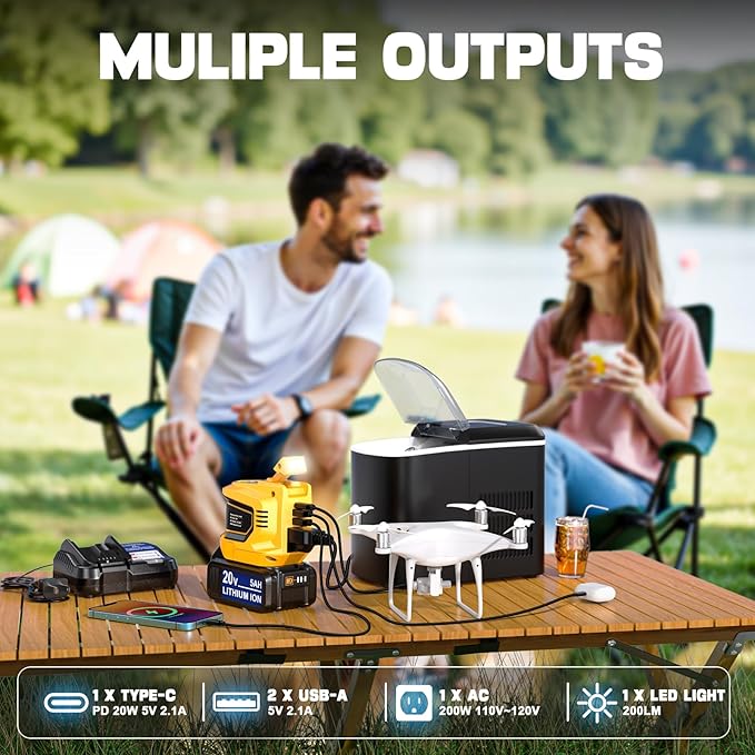 Real 200W Power Inverter Compatible with Dewalt 20V Max, Battery Inverter DC 20V to AC 110V-120V, LIVOWALNY Power Adapter with a 5AH Battery & a Charging Station & 2 USB-A & 1 Type-C & 1 AC Outlet