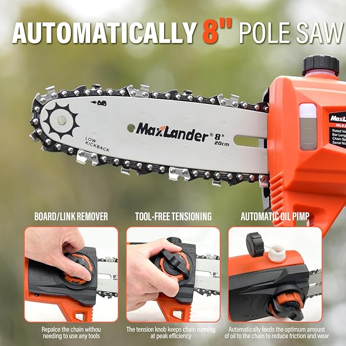 8-Inch Cordless Pole Saws for Tree Trimming, 20V Electric Pole Saw with 2 x 3.0Ah Battery & Charger, 16ft/s Cutting Speed Auto Oiling Multi-Angle Pole Chainsaw,15-Feet Maximum Adjustable Reach