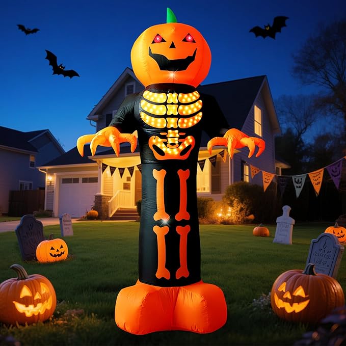 HFO 8 FT Halloween Inflatables Outdoor Decoration Pumpkin Reaper Ghost with Magic Lightshow Bones and Flashing Eyes Blow Up Yard Decoration with LED Lights Holiday Party Yard Lawn Decor