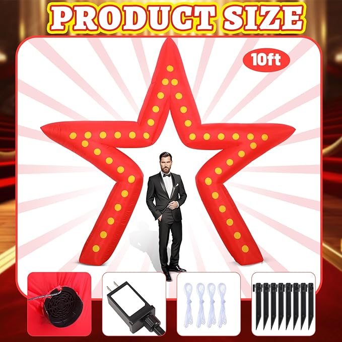 Preboun 10 ft Movie Night Party Decorations Inflatable Large Blow up Star Sign with LED Light Inflatable Arch Kit Light Star Blow up Sign for Movie Night Party Carnivals Birthday Decoration(Red)