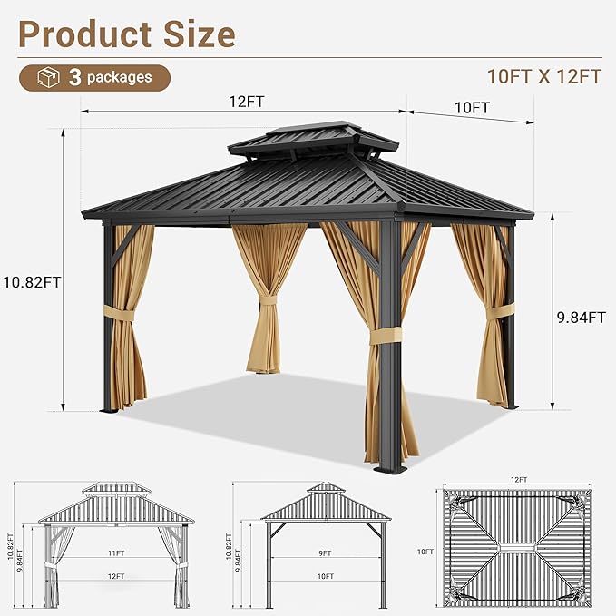 10x12 ft Hardtop Gazebo with Double Roof, Outdoor Heavy Duty Aluminum Gazebo with Netting, All-Weather Protection Metal Canopy for Patio, Garden, Poolside, Poolside (Khaki)