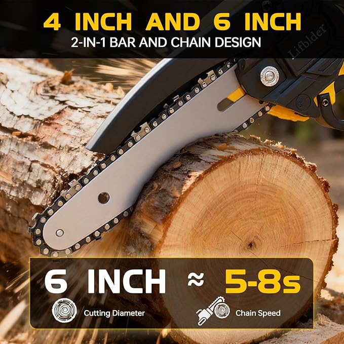 Mini Chainsaw Cordless Fit for DeWalt Battery 20V, 6-Inch & 4-Inch 2-in-1 Electric Chainsaw with Auto Oiling, 5m/s Chain Speed & Safety Lock, Lightweight for Branch Pruning, Tree Trimming (NO Battery)