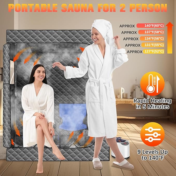 2 Person Portable Steam Sauna for Home, Extra Large Sauna Box for Relaxation, Detoxification, 2 Steamer, 2 Foldable Chair & Remote Control, Grey