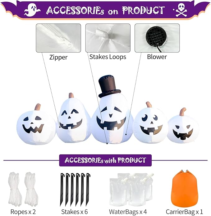 DomKom 8 FT Long Halloween Inflatable White Pumpkin Built in Colorful LED Lights, Holiday Blow up Yard Decoration for Halloween Party Outdoor, Garden Yard Lawn Decor