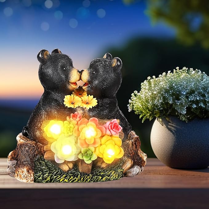 Solar Bear Garden Statues,Waterprrof Bear Outdoor Decor Resin Black Bear Figurine for Yard and Garden,Gifts for Mom, Women