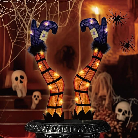 Halloween Lighted Witch Legs with Stakes, 22" Light Up Witch Feet with Timer & 8 Lighting Modes, Battery Operated Witch Decor for Indoor Outdoor Porch Planter Garden Decor(17" Leg+5" Stake)