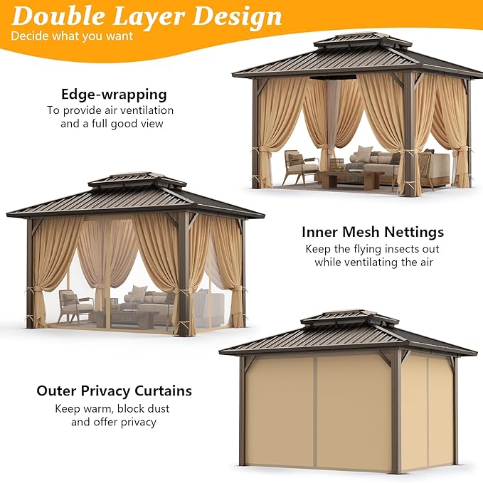 HOTEEL 10x12 Hardtop Gazebo Hot Tub Gazebo with Flame-Retardant Curtain Netting, Heavy Duty Pavilion with Galvanized Steel Double Roof, Aluminum Frame Outdoor Canopy for Patio, Party (2025 Upgraded)