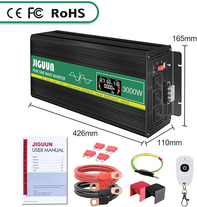 Pure Sine Wave Inverter,3000W 12V to 110V Power Inverter Converter,USB Output LCD Display for Household Home Car RV Camping Use W/Protective Cap