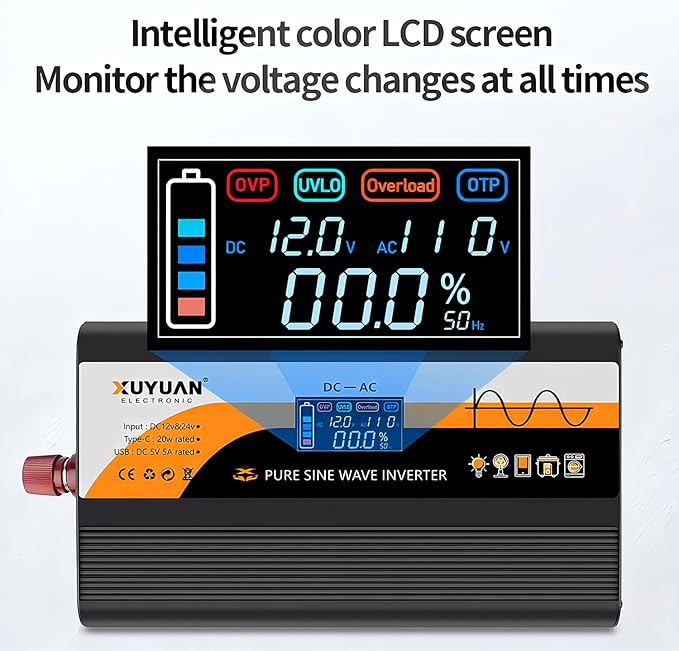 1500W Pure Sine Wave Inverter (3000W Peak), 12V/24V Auto-Detect, 50Hz/60Hz Switchable, LCD Display, Type-C Fast Charging, Silent Design, Overload & Overheat Protection for RV, Home (Black-1500W)