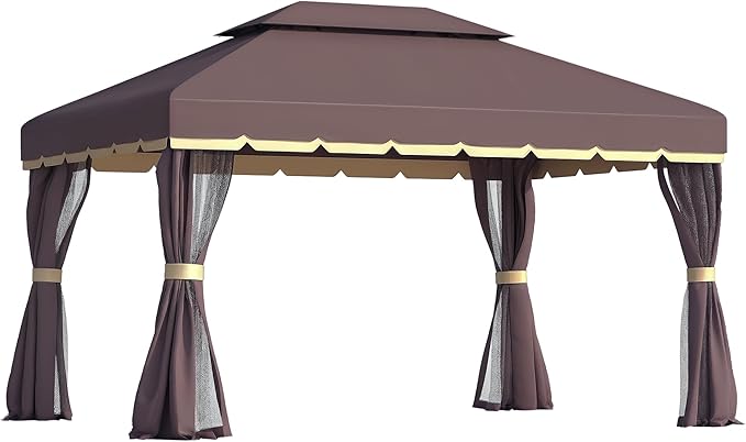 Outsunny 10' x 13' Patio Gazebo, Outdoor Gazebo Canopy Shelter with Netting and Curtains, Aluminum Frame for Garden, Lawn, Backyard and Deck, Coffee