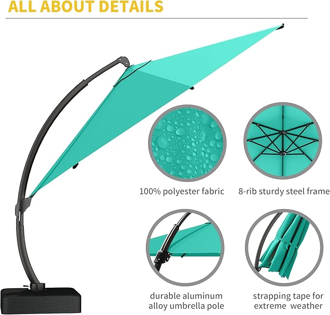 Kingdura 12ft Offset Cantilever Patio Umbrella with Base Included, Large Round Aluminum Outdoor Umbrella, 360° Rotation & Infinite Tilt, Heavy Duty Frame for Deck Pool Backyard, Turquoise blue