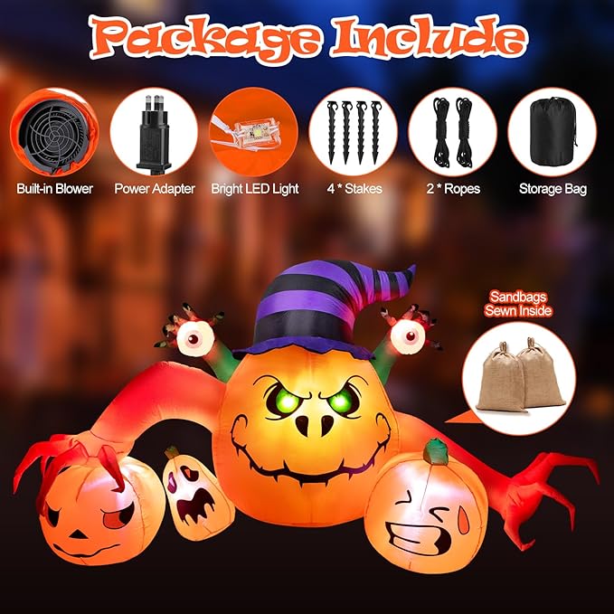 8FT Long Halloween Inflatable Outdoor Decorations, Pumpkin Decorations with Build-in LED Lights, Blow Up Jack-o-Lantern for Indoor Outdoor Halloween Party, Yard, Garden, Lawn