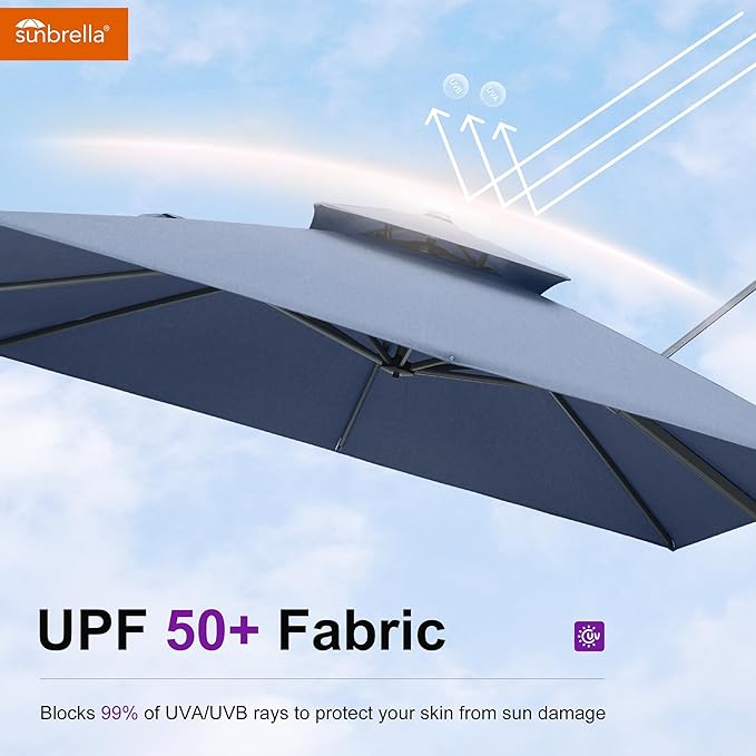 PURPLE LEAF Cantilever Umbrella with Base Included 10FT Outdoor Double Top Large Offset Hanging 360° Rotation Heavy Duty Square Umbrella for Garden Patio Deck Pool Backyard Spectrum Denim