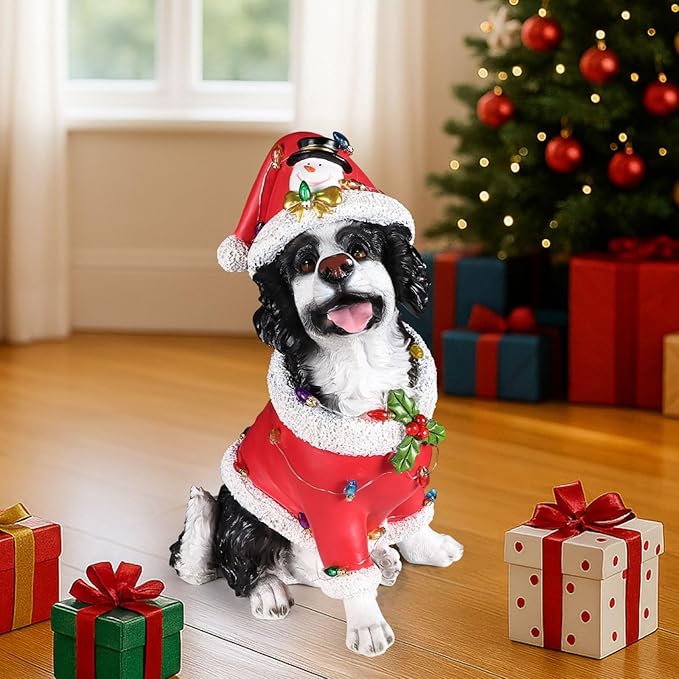 Christmas Outdoor Decoration Dog Statue, LED Light Cute Springer Spaniel Dog Sculpture with Santa Outfit & Lights for Garden and Yard, Indoor Holiday Décor Gift for mom and dad
