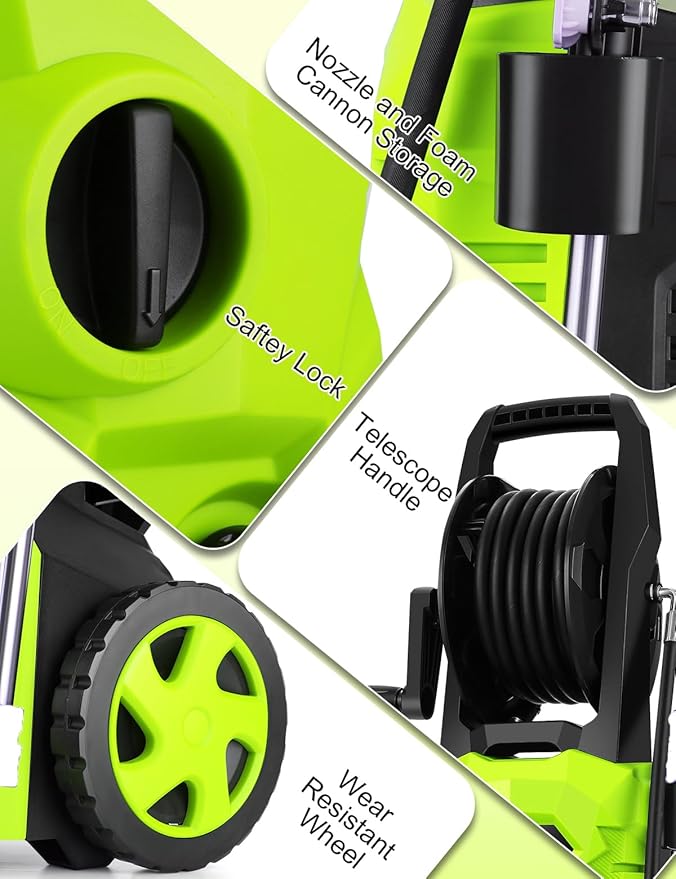 5000PSI Electric Pressure Washer - 2025 New Electric Power Washer with Upgraded 33ft Pressure Washer Hose Reel, Foam Cannon, 4 Nozzle Set, Power Washer for House/Patios/Car/Fence, Green