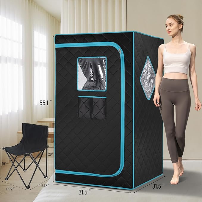 Portable Steam Sauna Box for Home Spa, Steam Saunas for Home, Full Body Sauna Tent for Relaxation, 1500W & 4L Sauna Steamer Machine, Remote Control, Foldable Chair (Black)