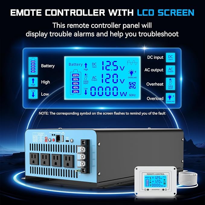 New Upgraded 4000 Watts Pure Sine Wave Inverter, 12V DC to 110V AC Power Inverter with 4 AC Outlets, USB Port, Type-C Port for Truck, Vehicle, Power Outage, Remote Control with LCD Screen