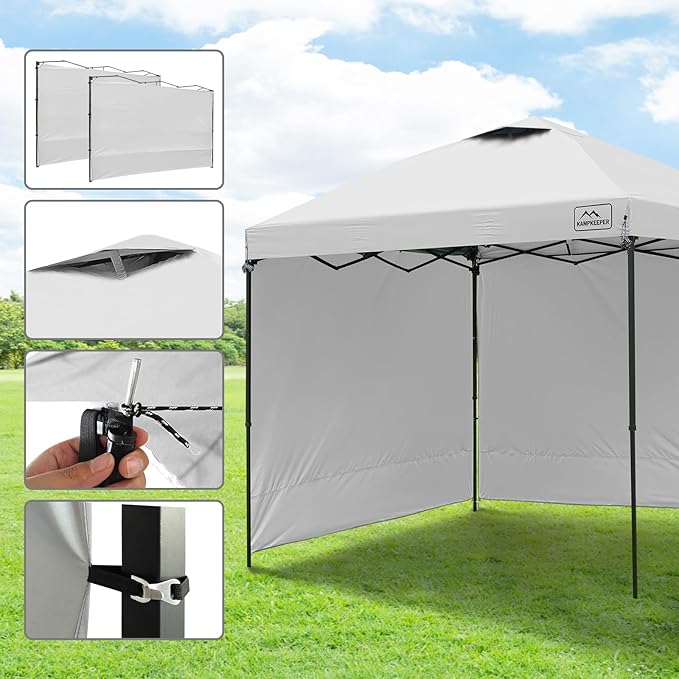 KAMPKEEPER 10x10 Easy Pop Up Canopy Tent with Sidewalls, Instant Outdoor Shade Shelter with Removable 10FT Sun Walls, Quick Setup Waterproof and UV-Resistant for Patio (White, 2 sidewall)