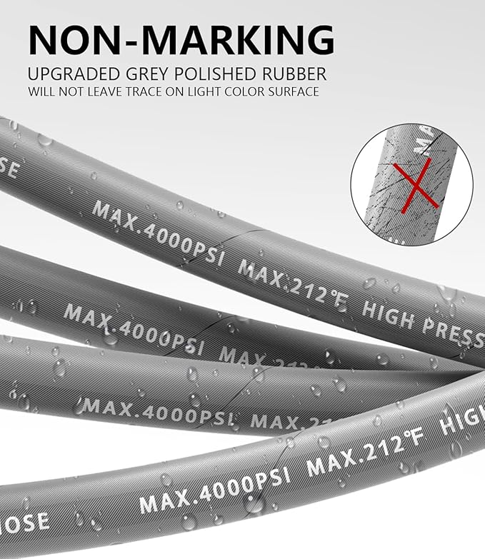 Pressure Washer Hose 150FT 4000 PSI, Kink Resistant Steel Braided Layer & NonMarking Rubber for Hot/Cold Water, High Power Washer Hose With 3/8 Inch Quick Connect & M22 Fitting, Gray