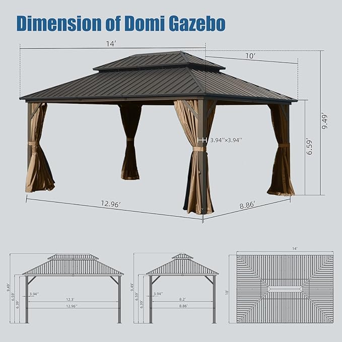 Domi 10'x14' Hardtop Gazebo Canopy, Outdoor Metal Gazebo with Galvanized Steel Double Roof,Curtain and Netting,Permanent Pavilion for Patio Deck,Backyard
