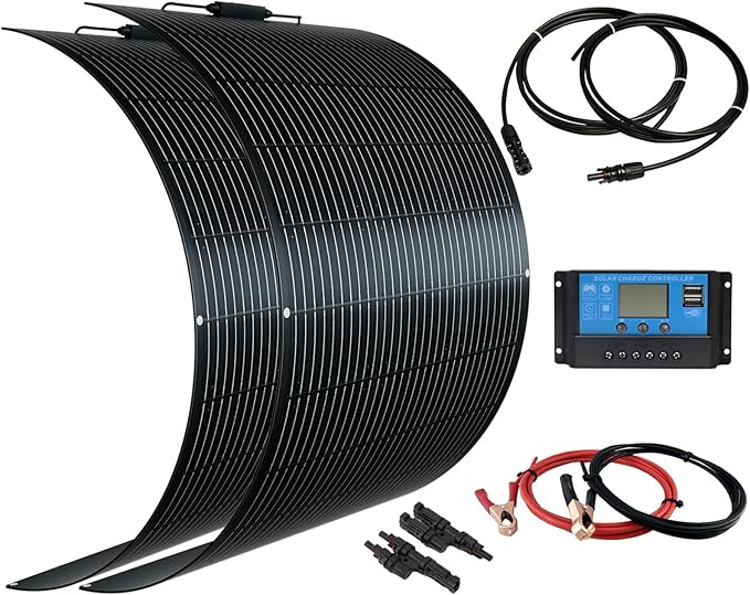 Flexible Solar Panel kit 200W 12V,2PCS 100W Monocrystalline Module,20A Charge Controller,Extension Cable Off-Grid Charger for RV Boat Van Car Curve Surfaces (200W Solar KIT)