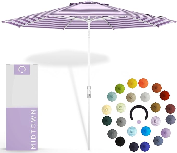Midtown Umbrellas The Swilt 10 Feet Patio Umbrella in Terylast Midtown Stripes Purple/White Polyester Fabric - Fiberglass Ribs, Auto-Tilt Aluminum Frame For Backyard, Deck, Garden, Pool - White Pole