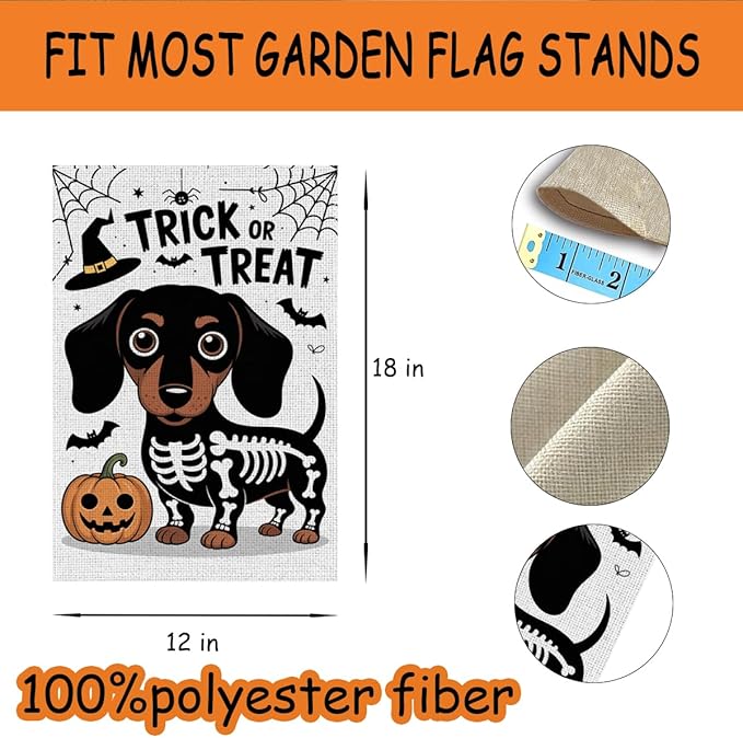 HTBIG Halloween Trick or Treat Garden Flags, Halloween Ghost Dog Pumpkin Decor, Yard Flags for Outside 12x18 inch, Holiday Skeleton Yard Outside for Home Decorations